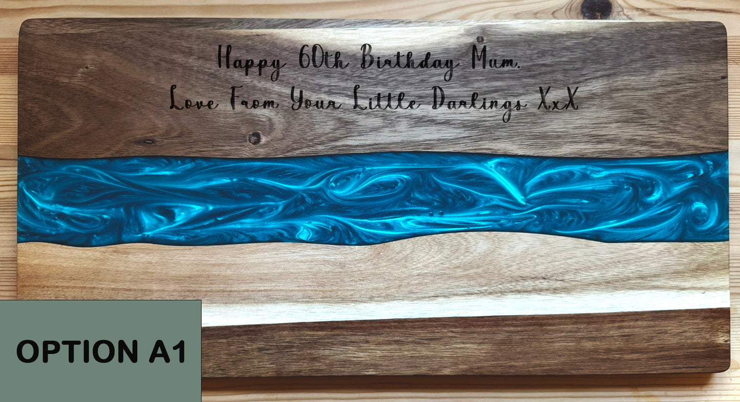 Large Acacia Wood Serving Board with Deep Blue Resin River Inlay – 47x24cm Cutting Board