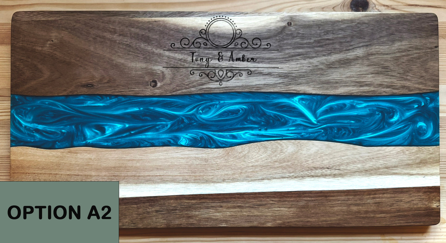 Large Acacia Wood Serving Board with Deep Blue Resin River Inlay – 47x24cm Cutting Board