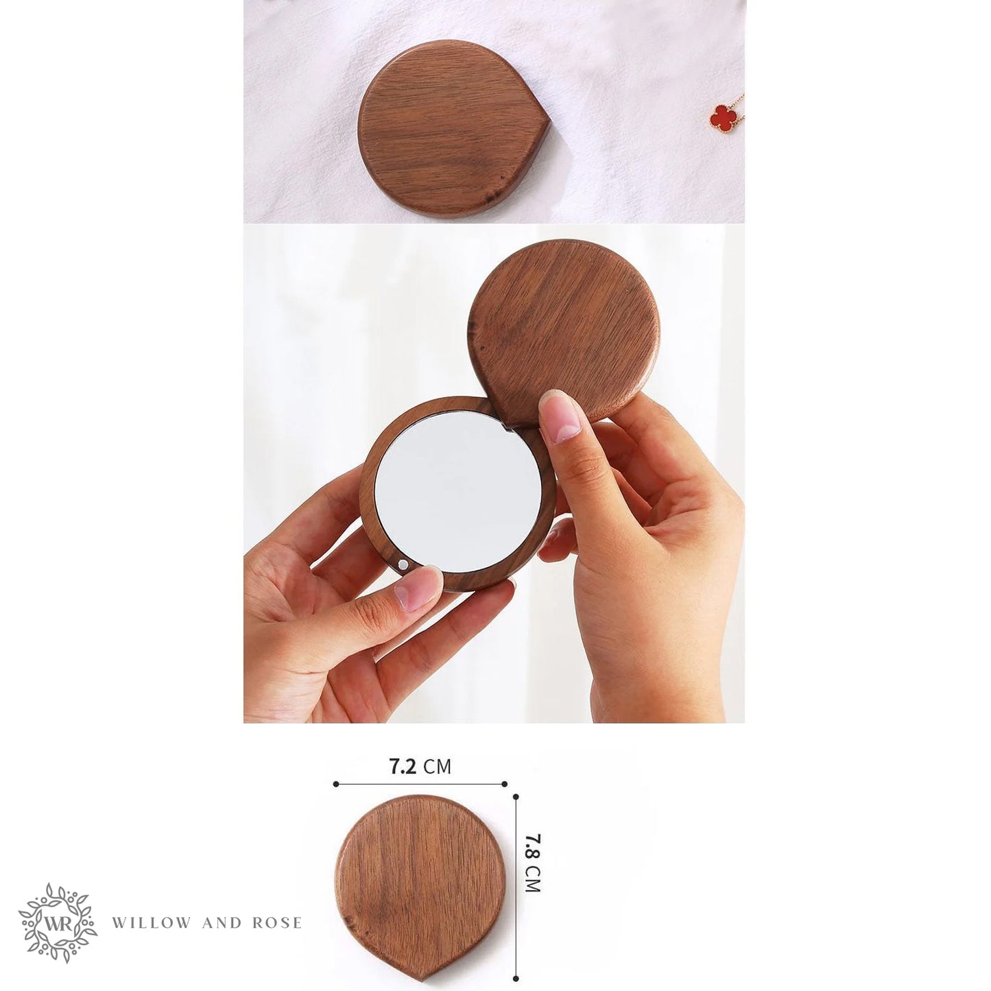 Personalised Solid Wood Pocket Mirror - Natural Dark Stain | Compact & Stylish