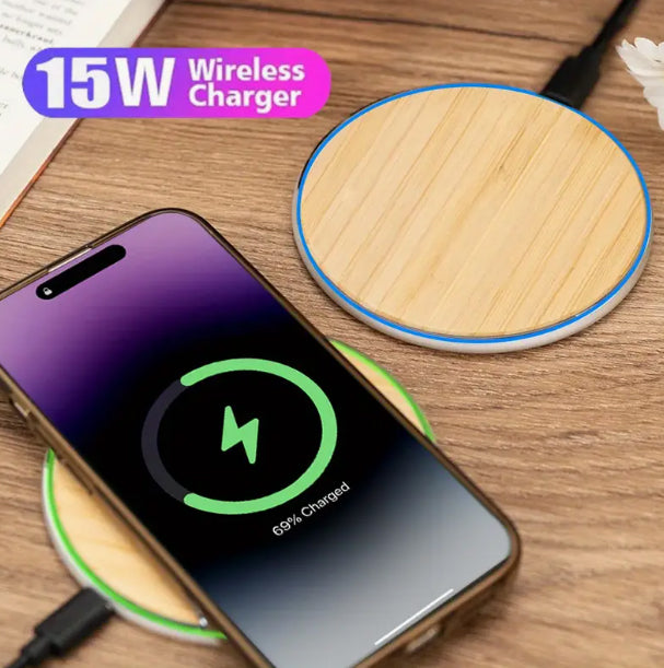 15W Fast Wireless Charger Pad with Wood Texture – Custom Logo & Message