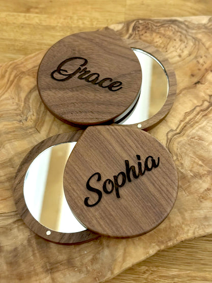 Personalised Solid Wood Pocket Mirror - Natural Dark Stain | Compact & Stylish