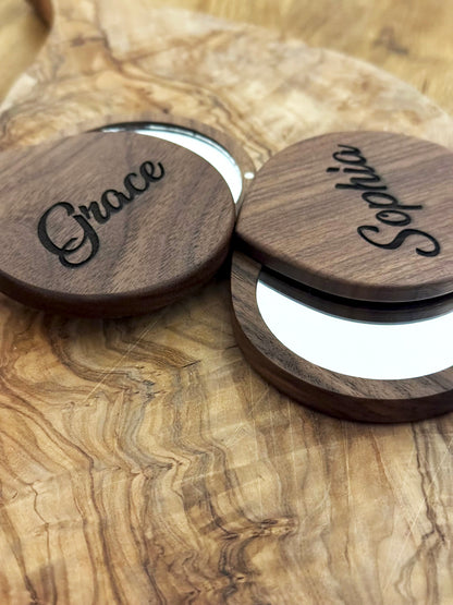 Personalised Solid Wood Pocket Mirror - Natural Dark Stain | Compact & Stylish